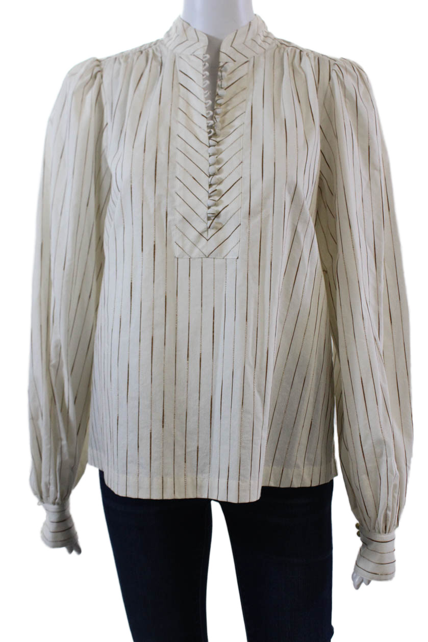 Top de mujer Trina Turk con botones delanteros cuello redondo a rayas Sisi blanco talla XL