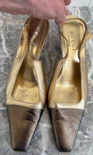 Gucci Vintage two tone metallic slingbacks gold metal rams head sz 7.5