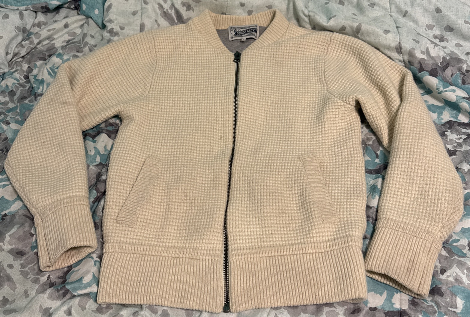 Schott Bros Mens Medium Cream Heavy Wool Blend Lined Zip Sweater