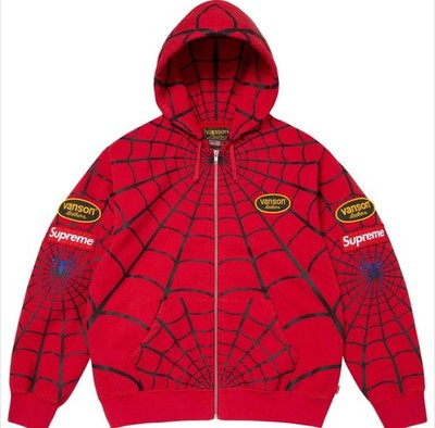Supreme Vanson Leathers Spider-Man Zip Up Hooded Sweatshirt Red - Medium