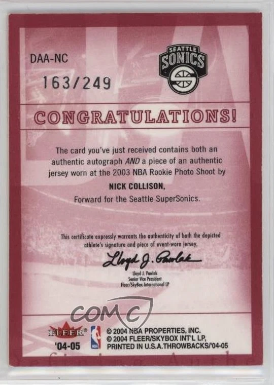 2004 Fleer Throwbacks Defining Authentic Jersey /249 Nick Collison #DAA-NC Auto - Image 2 of 2