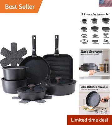 17 Piece Pots and Pans Set, Nonstick Detachable Handle Cookware Set, Inductio...