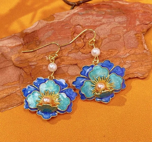 925 Silver Plated Cloisonne Blue Flower Earrings Tassel Dangle Vintage Hook