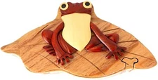 Frog On Lily Pad Wooden Intarsia Puzzle Box Wood Jewelry Trinket Box 