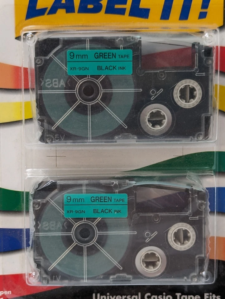 New GENUINE Casio XR-9GN2S  3/8" BLACK ON GREEN Tape 2-Pack Ships Free  - Image 3 of 4