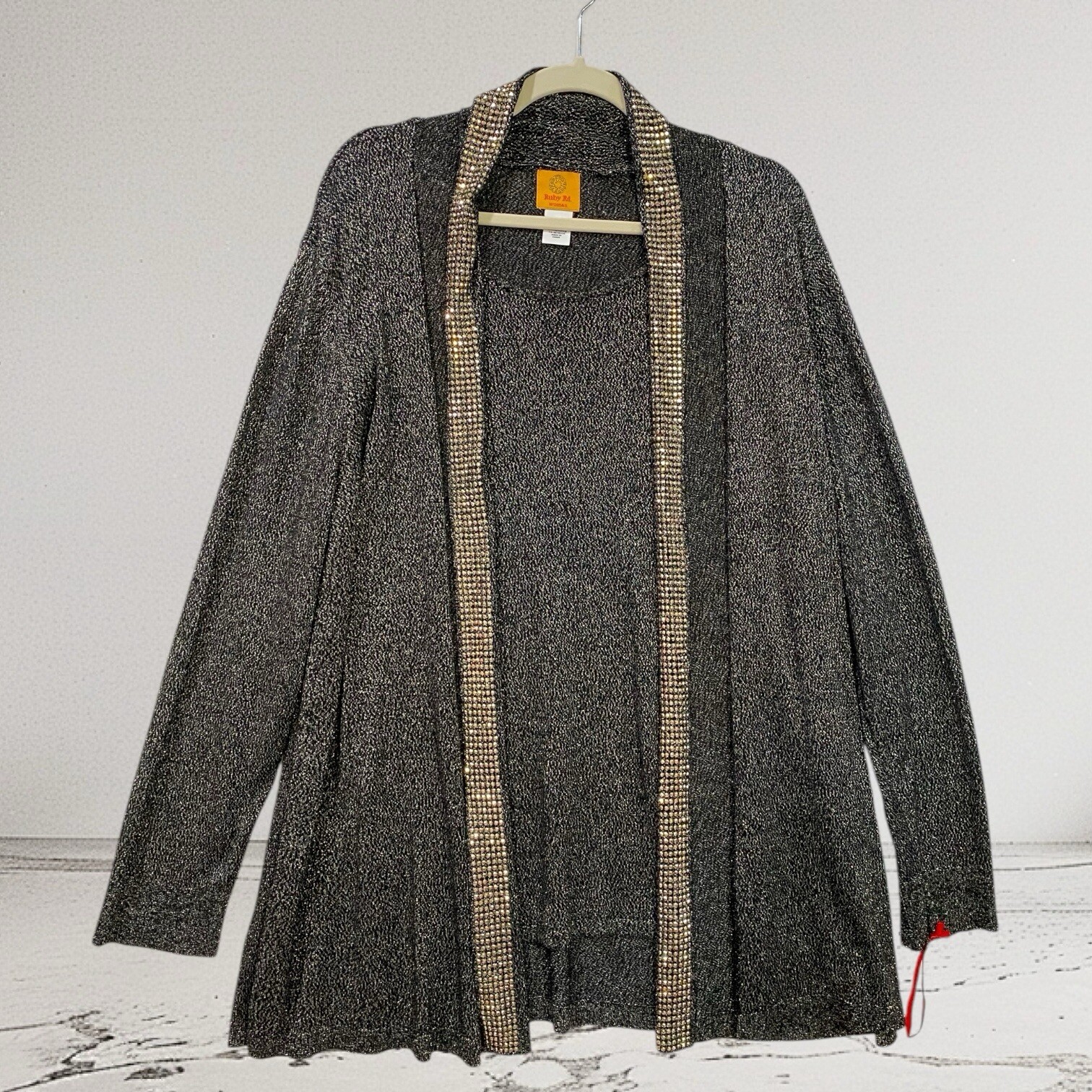 Ruby Rd Embellished Studded Cardigan with Lined Tank in 2X Metallic