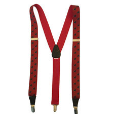 VINTAGE GILLMONS SUSPENDERS MENS Y BACK DOG PRINT BLACK LEATHER RED ELASTIC CLIP