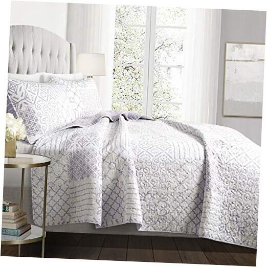 Monique 3 Piece Reversible Print Pattern Quilt Set-Full Full/Queen Lavender