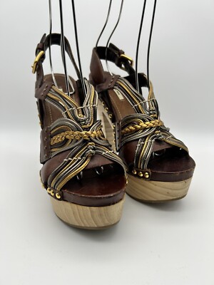 Miu Miu Y2K 36 Heel Sling Clog Wedge Platform Stud Brown Leather Wood  boho