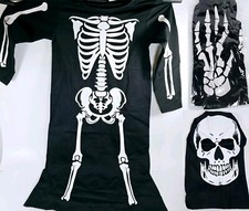 Girls Skeleton Costume Small 7Y Halloween Tunic Dress Mask Gloves Glow In Dark