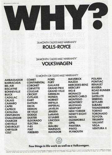 1972 Vintage Print Ad Why? Rolls-Royce Volkswagen VW Warranty 36 24 12 Month