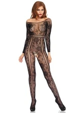 Leg Avenue Women's Seamless Lace Long Sleeved Bodystocking, Black, One Size