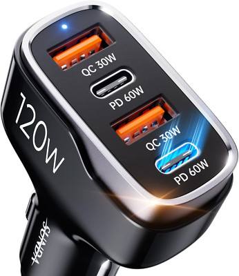 120W USB C Fast Car Charger, 4-Ports Car Charger Adapter, Dual Type C PD60W/P...