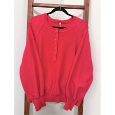 Fashion Henley Sweatshirt Women L Red NWT YC0060 Knit Button Front Relaxed Fit