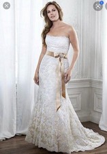 Maggie Sottero White Lace Sheath Wedding Dress 16 Cap Sleeve Boat Neck Train