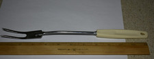 Vintage Foley Chromium Plated 2 Prong 12" Meat Fork White Handle USA Made GUC