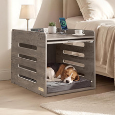Modern Dog Crate Furniture with Flip-Up Hidden Door, Charging Station, Dog Kenne