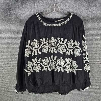 Jennifer & Grace Blouse Top Women XL Black White Boho Embroidered Floral Peasant