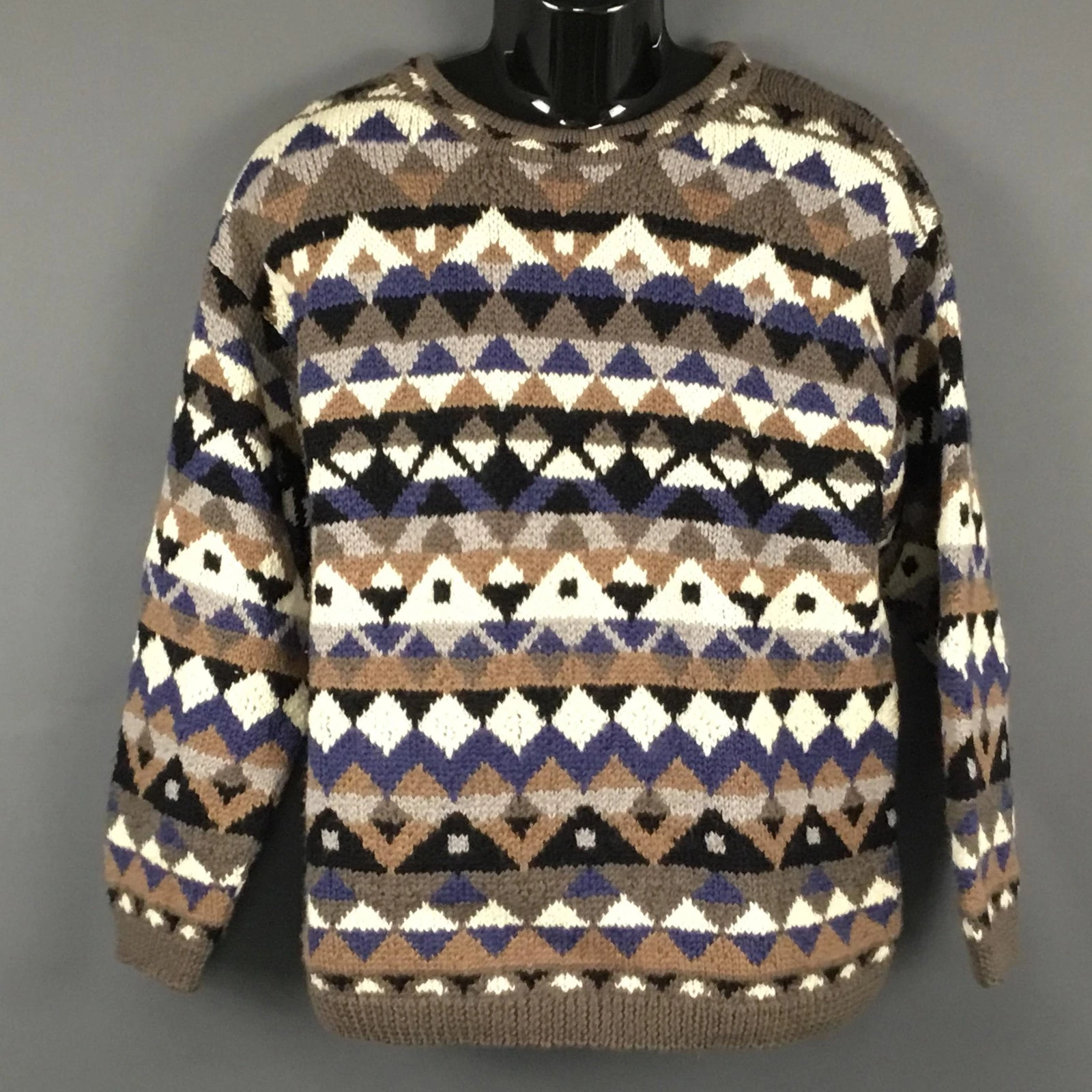 Atlandia Sweater Mens XL Brown Blue Geometric Wool Crewneck Knit Pullover Aztec