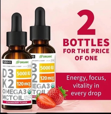 Nusava Organic D3 K2 Omega-3 MCT Oil Liquid 5000 IU 120 mcg Strawberry 2 Bottles