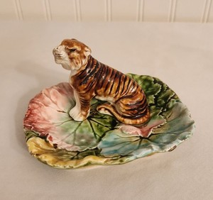 Antique Majolica Figural Tiger  Ashtray / Pin Dish On Multi Colored Leaves 