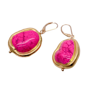 Authentic Pink Turquoise Freeform Gold Plated Dangle Earrings 925 Silver Lever Back