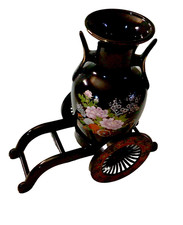 Vintage! Japanese Asian Oriental Floral Black Vase w/ Wheelbarrow Stand