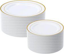 Gold Plastic Plates Set of 60, Disposable Plates with Gold Rim 30 Dinner Plat...