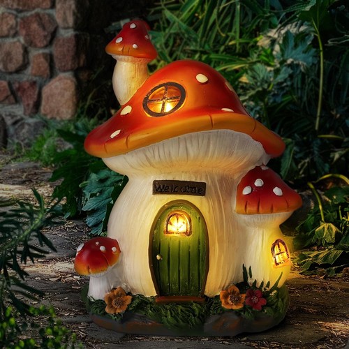 Mushroom House Garden Statue Outdoor, Solar Light