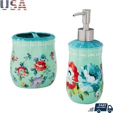 Stoneware Bath Accessory Set Soap Dispenser Toothbrush Holder Floral Decor New