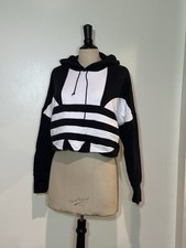Adidas Big Logo Hoodie Sweatshirt Women XS Black White Hood 100 Cotton CROP