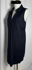 Arthur Tahari Dress Shift Slip On 6 Sleeveless Linen Navy Blue Pockets Stretch