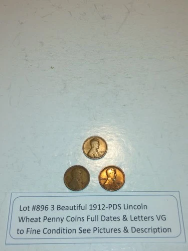 Lot #896 3 Beautiful Lincoln Wheats 1912-P 1912-D 1912-S VG-F-VF See Pictures