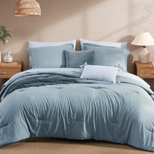 Monbix Full Size Comforter Set - 7 Pieces Dusty Blue Prewashed Bed in a Bag F...