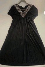 Vtg Vanity Fair Button Robe Nightgown Black Nylon House Coat Animal Print Trim M