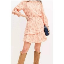 LOFT Floral Tiered Ruffle 100% Cotton Mini Dress Large Peach Cottagecore Boho L
