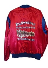 VTG Budweiser Beer World Famous Clydesdales Red Blue Satin Snap Jacket XLarge