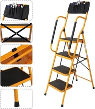 4 Step Ladder with Handrails & ToolBag, 330lbs Folding Step Stool for Kitchen US