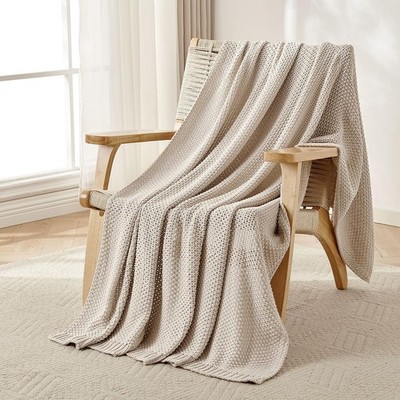 Chunky Cable Knit Throw Blanket, Lightweight 100% Organic Cotton Soft Cozy Th...