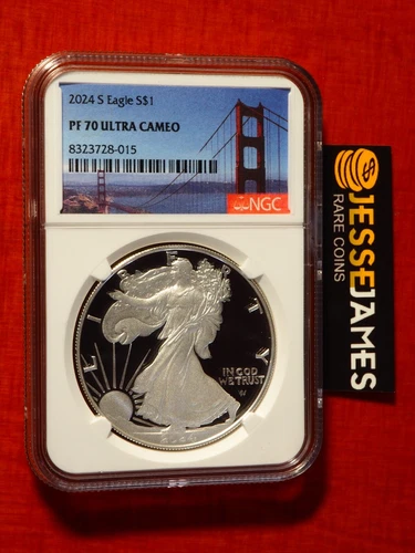 2024 S PROOF SILVER EAGLE NGC PF70 ULTRA CAMEO GOLDEN GATE BRIDGE LABEL