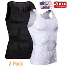 2 Pack Men Body Shaper Slimming Tummy Vest Compression Shirt Tank Tops Shapewear