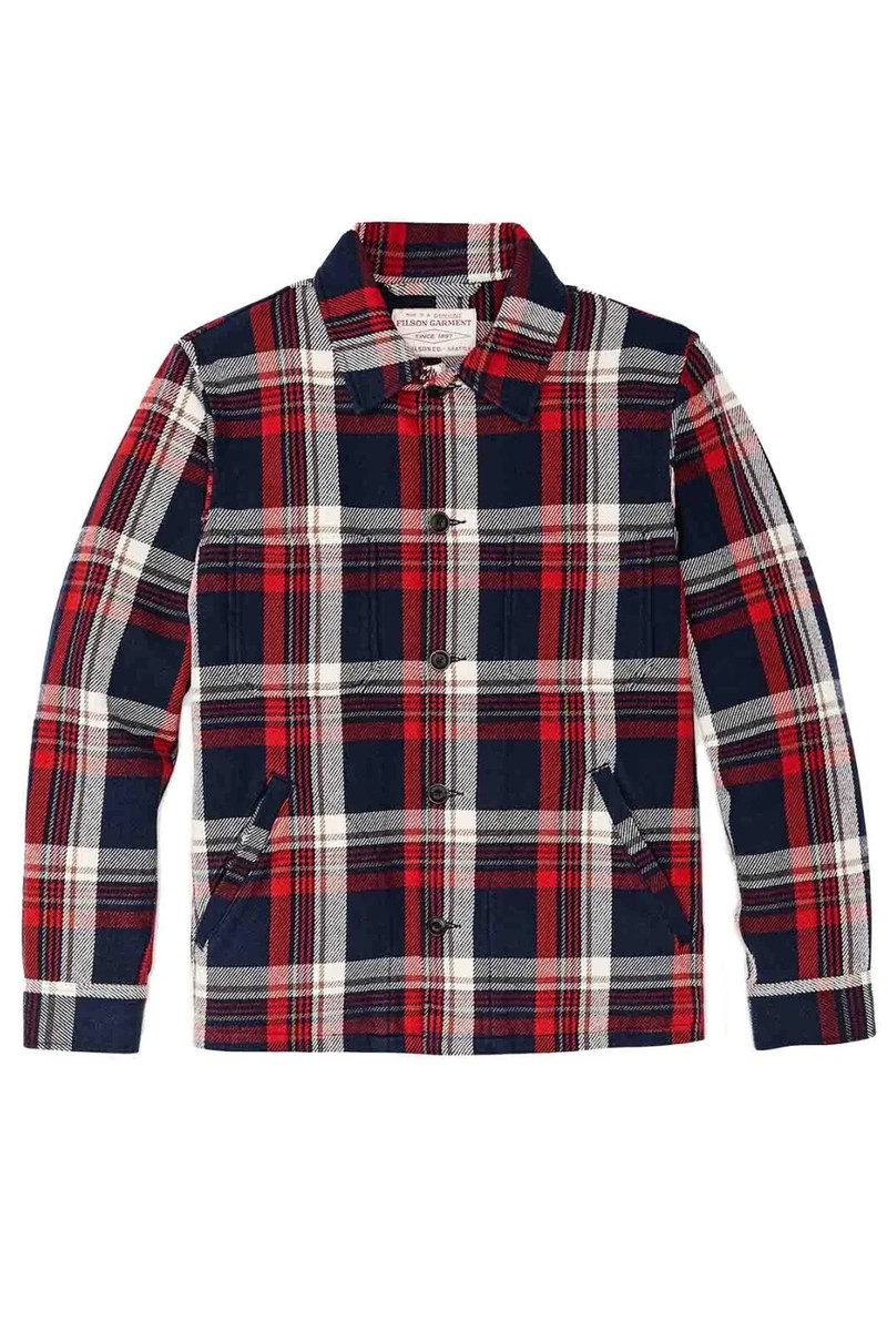 Filson Deer Island Ranch Coat Navy Red White Blue Plaid Flannel