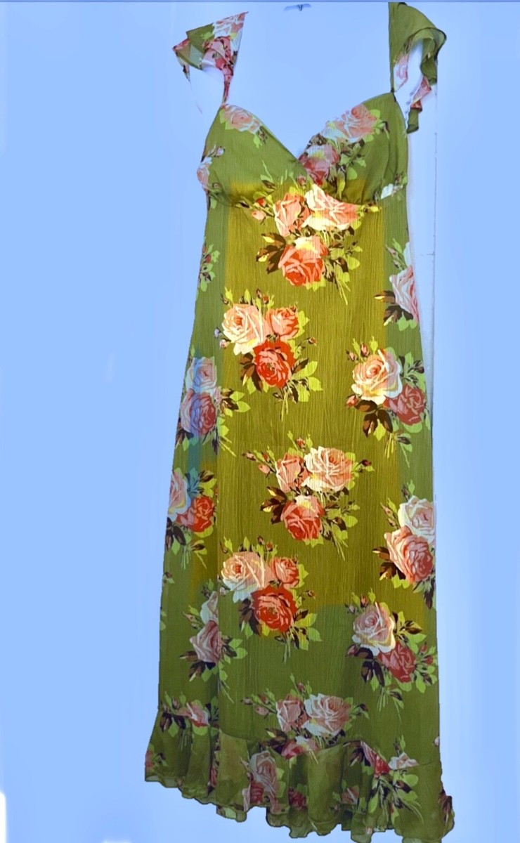 Betsey Johnson Size Large Maxi Slip Dress Green With Pink Roses Flutter  Straps | eBay