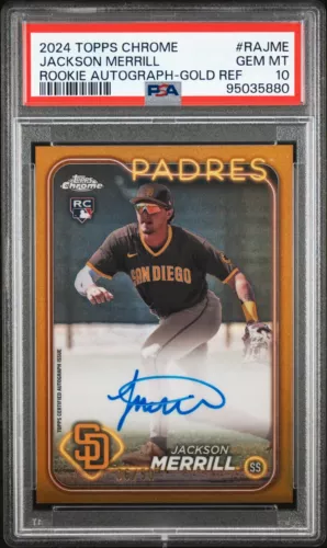 2024 Topps Chrome Jackson Merrill True Gold Refractor Rookie Auto /50 PSA 10 - Picture 1 of 4