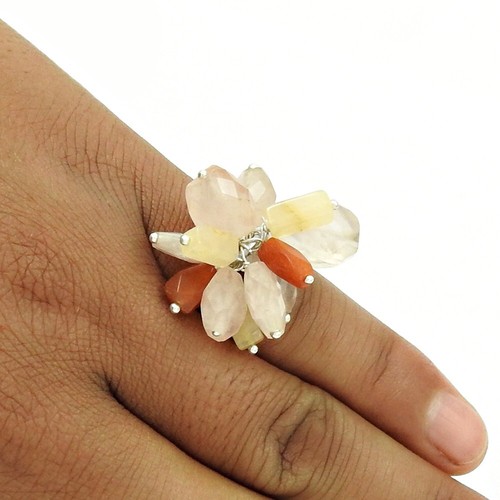 Natural Rose Quartz Gemstone Beaded Pink Ring Size O 925 Sterling Silver B22 - Picture 4 of 6