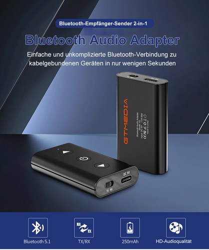 GTMEDIA A2 Aux Adapter Auto Stereoanlage Bluetooth 5.1 Empfänger Sender Receiver - Bild 1 von 18