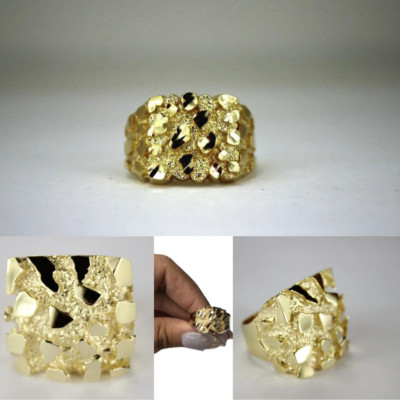 Mens Medium Nugget Square Ring Real Solid 10K Yellow Gold