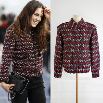 NWT CHANEL 15P DARK RED ZIGZAG TWEED BOMBER JACKET FR34 | eBay