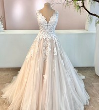 Ivory Pink Lace Wedding Dress Wedding Dress Beaded 32-60 Straps Buttons n.Ma ß