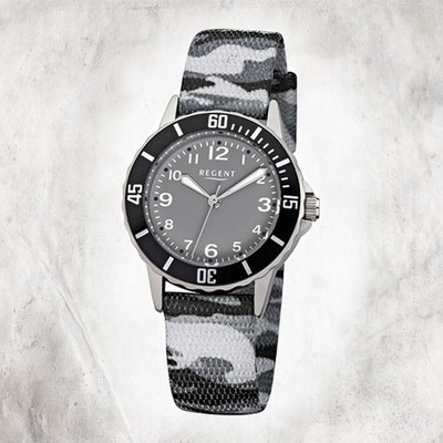 Regent Textil Kinder Uhr F-941 Quarzuhr Armband grau schwarz URF941